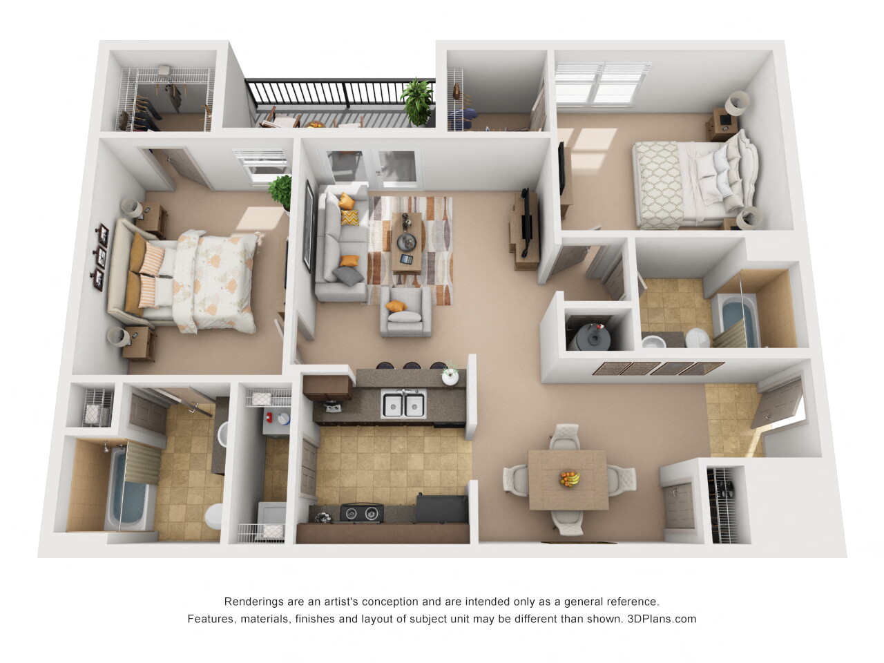 Floor plan for 2 beds, 2 baths, 1056 sqft